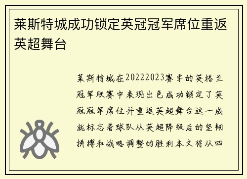 莱斯特城成功锁定英冠冠军席位重返英超舞台