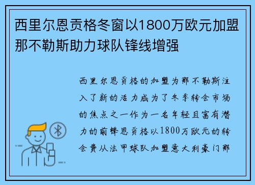 西里尔恩贡格冬窗以1800万欧元加盟那不勒斯助力球队锋线增强