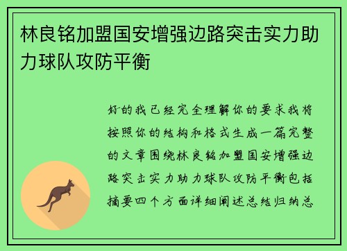 林良铭加盟国安增强边路突击实力助力球队攻防平衡